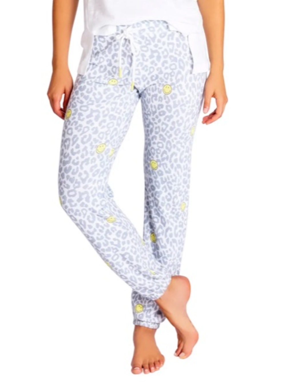 Smiley Face Leopard Print Jogger Pants - Gray & Yellow